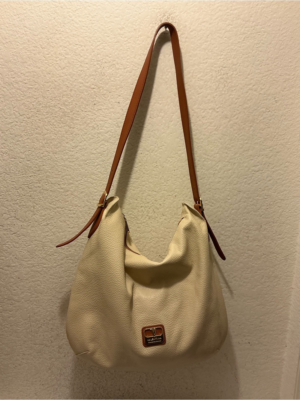 Valentina Cream Pebbled Hobo with Tan Strap